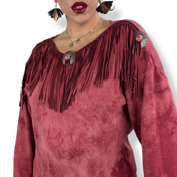 Vintage cowgirl western red cotton tie-dyed fringe sweater dress - Picture 4 of 14